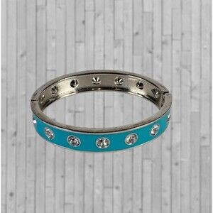 VTG Enamel Rhinestone Clamper Bracelet Turquoise Blue Hinged Silver Tone Bangle